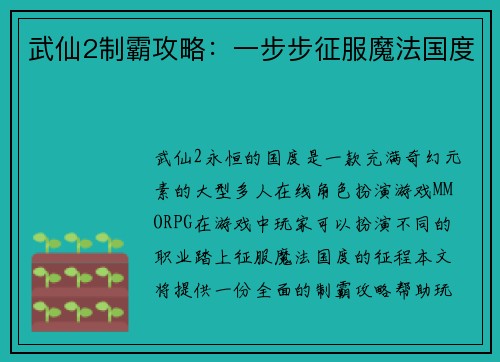 武仙2制霸攻略：一步步征服魔法国度